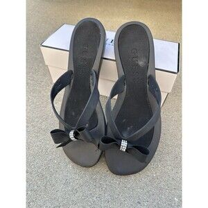 Guess Shoes Womens Size 10 Black Bow Rhinestone Flip Flop Sandals Logo Beach